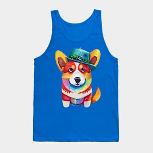 Colorful Corgi in a Hat Tank Top